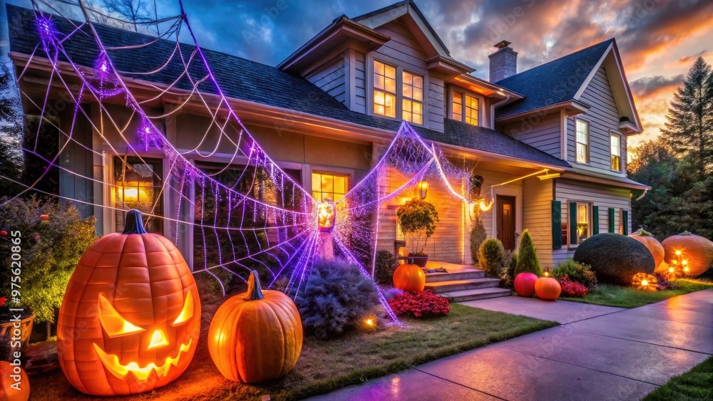 Obraz premium A spooky yet festive exterior scene features a suburban home transformed with orange and purple lights, fake spider webs, and a giant inflatable pumpkin display.