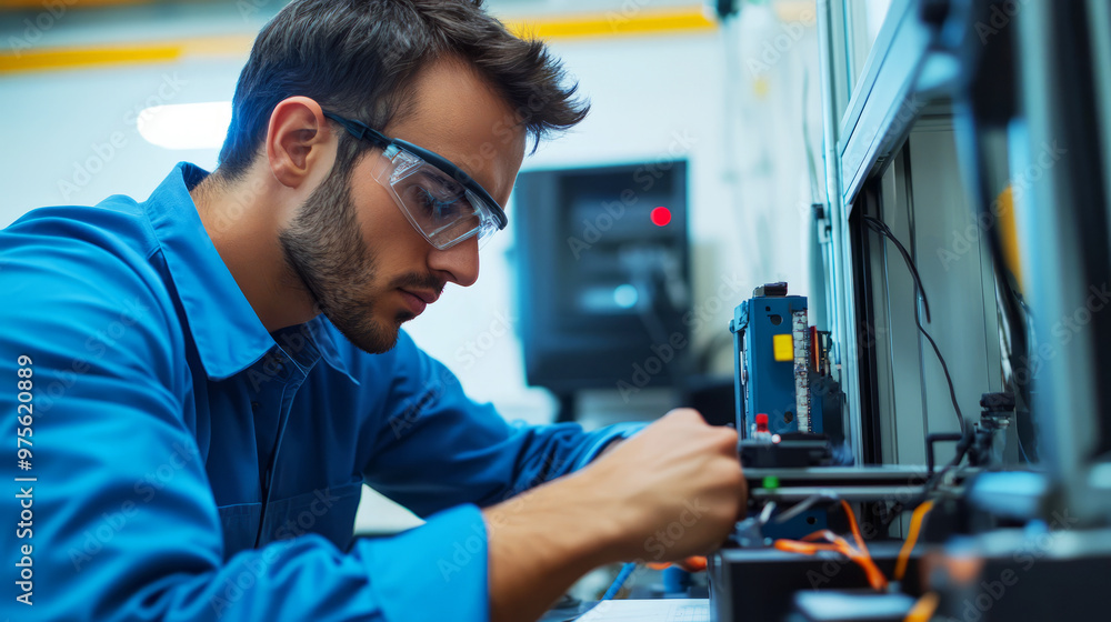 Technician working on industrial machinery. focused man in protective eyewear repairs equipment in factory. Technician working on industrial machinery. focused man in protective eyewear repairs equipment in factory.