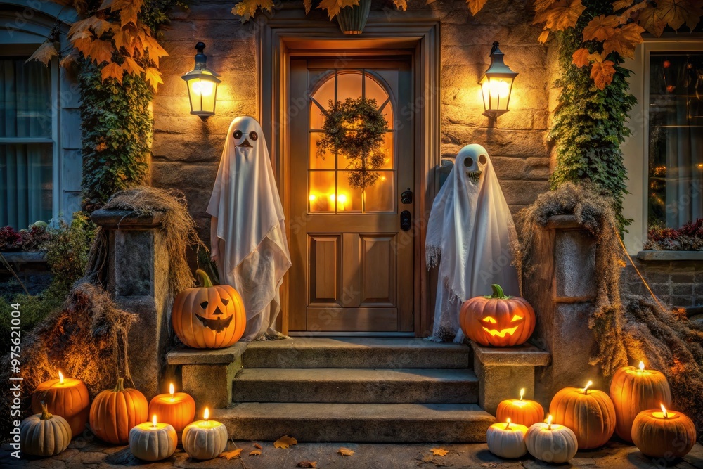Obraz premium A spooky yet inviting Halloween doorway features a trio of jack-o-lanterns and a wispy ghost decoration, set against a warm and eerie autumnal evening atmosphere.