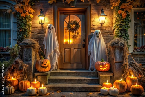 A spooky yet inviting Halloween doorway features a trio of jack-o-lanterns and a wispy ghost decoration, set against a warm and eerie autumnal evening atmosphere. photo