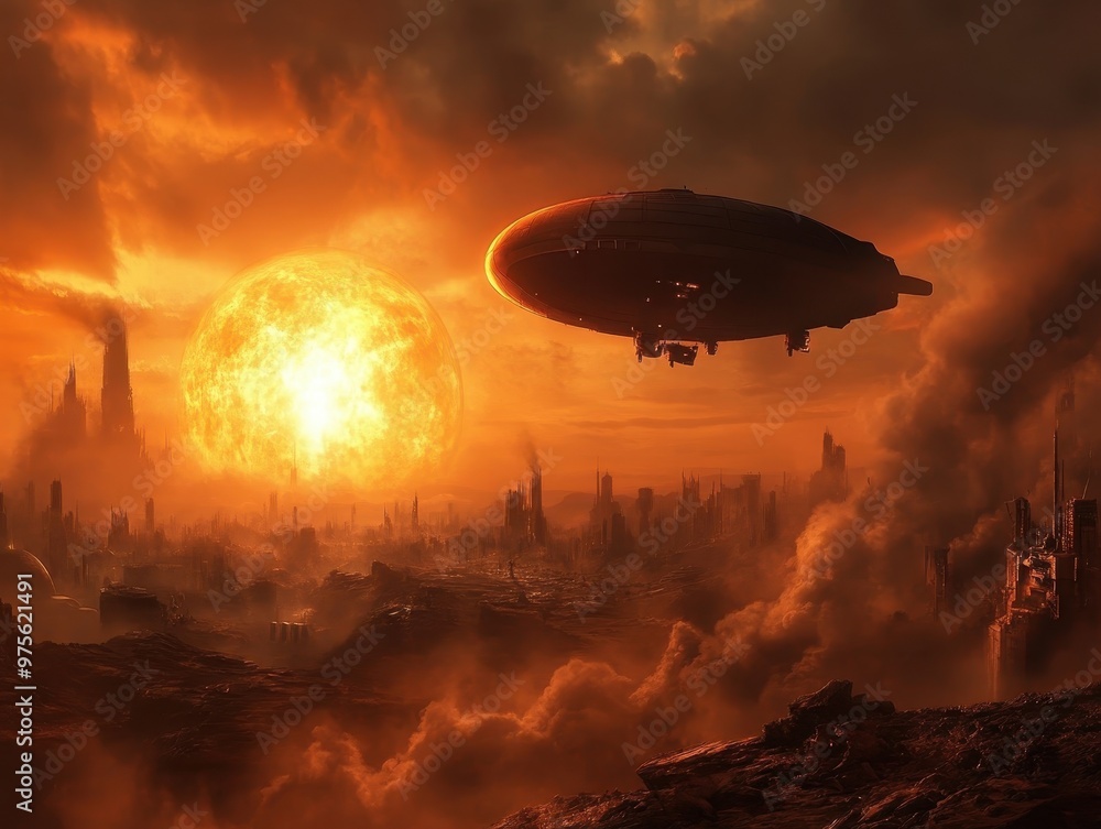 Dramatic Depiction of Global Warming with Blazing Sun and Airship Over a Dystopian Cityscape Dramatic Depiction of Global Warming with Blazing Sun and Airship Over a Dystopian Cityscape
