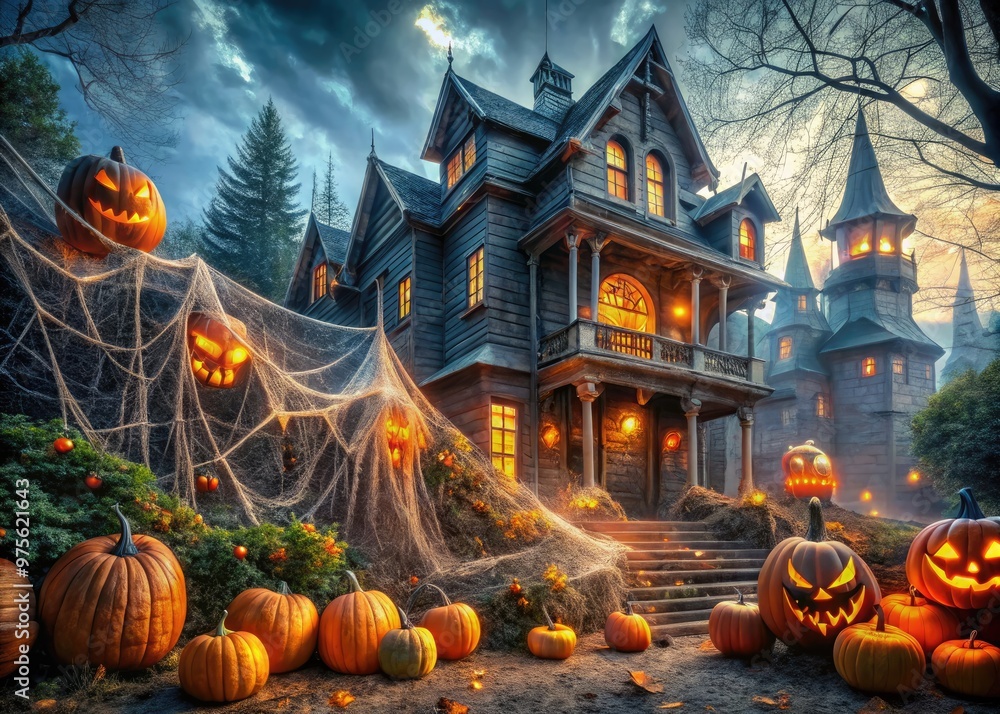 Obraz premium A sprawling, eerie autumnal scene features an enormous, glowing jack-o'-lantern, gigantic spider webs, and oversized, intricately carved wooden ghosts on a haunted mansion's facade.