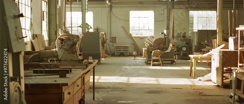 Sunlight illuminates an expansive, well-used workshop with various tools and equipment, indicative of a space where creativity and hard work intersect. photo