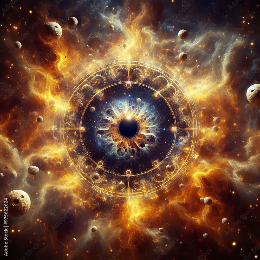 Fototapeta premium An awe-inspiring image of a cosmic explosion with intricate fiery nebulae, swirling galaxies, and numerous planets. This vivid and dynamic space scene captures the essence of the universe's raw power
