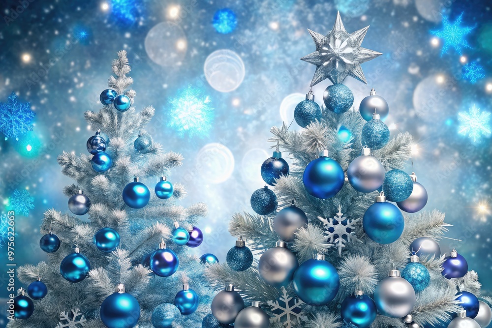 A vibrant, snowflake-patterned background showcases a stylized, metallic silver Christmas tree adorned with glowing blue ornaments and subtle, shimmering lights. A vibrant, snowflake-patterned background showcases a stylized, metallic silver Christmas tree adorned with glowing blue ornaments and subtle, shimmering lights.