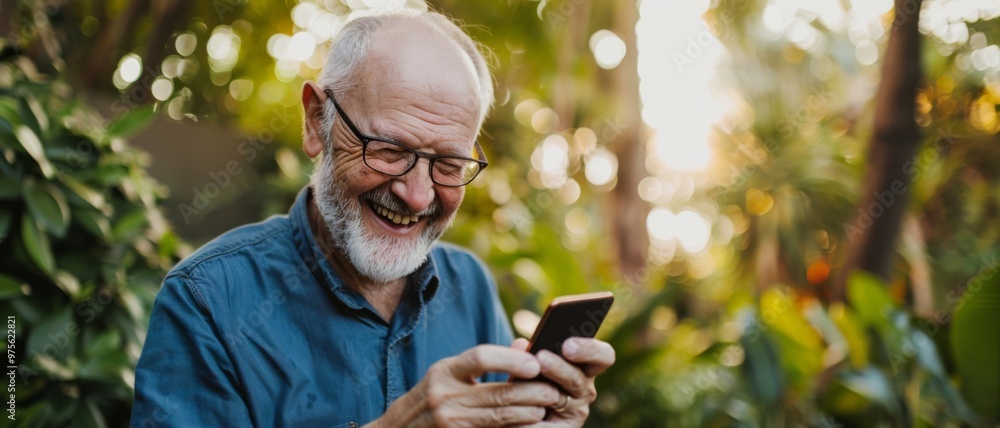 An elderly man with glasses, smiling broadly at his smartphone, enjoying a moment in a lush garden. An elderly man with glasses, smiling broadly at his smartphone, enjoying a moment in a lush garden.