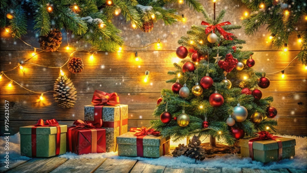 A vibrant festive holiday scene featuring a decorated evergreen tree, wrapped gifts, and twinkling lights, perfect for adding cheer to your social media posts. A vibrant festive holiday scene featuring a decorated evergreen tree, wrapped gifts, and twinkling lights, perfect for adding cheer to your social media posts.