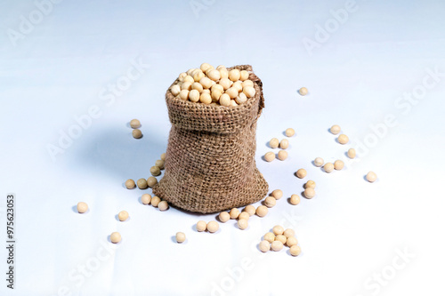 Dry peas in jute sack on white background