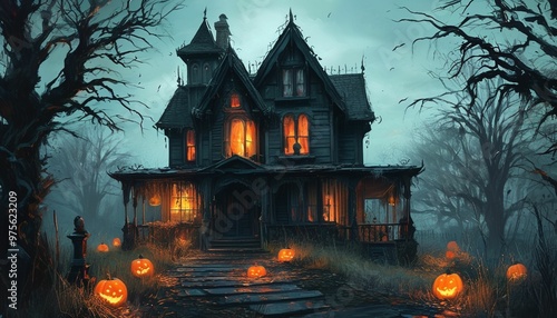 “A spooky haunted house on a dark hill surrounded by trees with a full moon in the night sky” photo