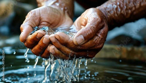 Workers are washing their hands, blackened from hard work, with clean water in a stream surrounded by nature.