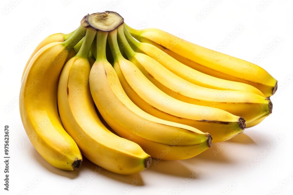 A vibrant arrangement of bananas, yellow and inviting, sits on a crisp white background, exuding sweetness and freshness in every curve. A vibrant arrangement of bananas, yellow and inviting, sits on a crisp white background, exuding sweetness and freshness in every curve.