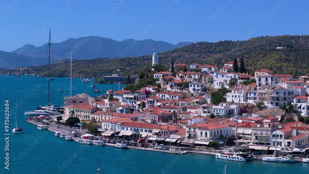 greece peloponnese region poros island houses clock tower and boats aerial view on daylight