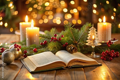 A warm, candlelit table setting featuring an open Bible with highlighted verses and festive holiday decorations, evoking a sense of faith and seasonal joy.
