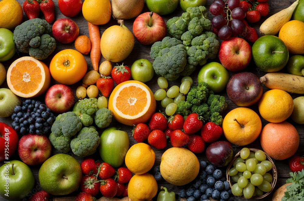 Selection of fruit and vegetables on the table, top down view Selection of fruit and vegetables on the table, top down view