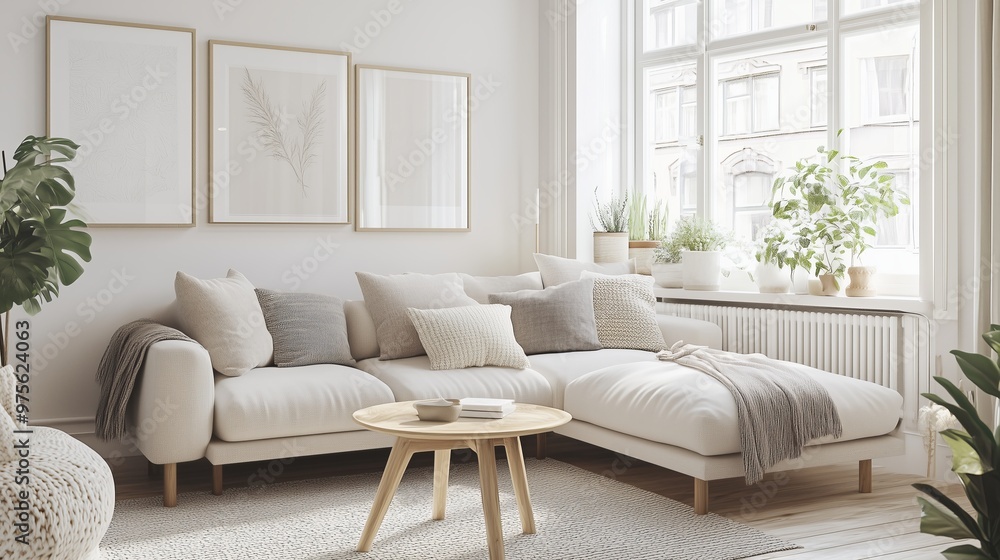 Fototapeta premium Cozy Scandinavian-Style Living Room with Soft Neutrals