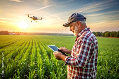 Farmer Using Tablet in Lush Field with Drone for Precision Agriculture