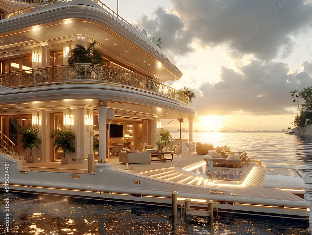 Fototapeta premium Sunset serenity at a mansion on the water. A luxurious abode where elegance meets tranquility.