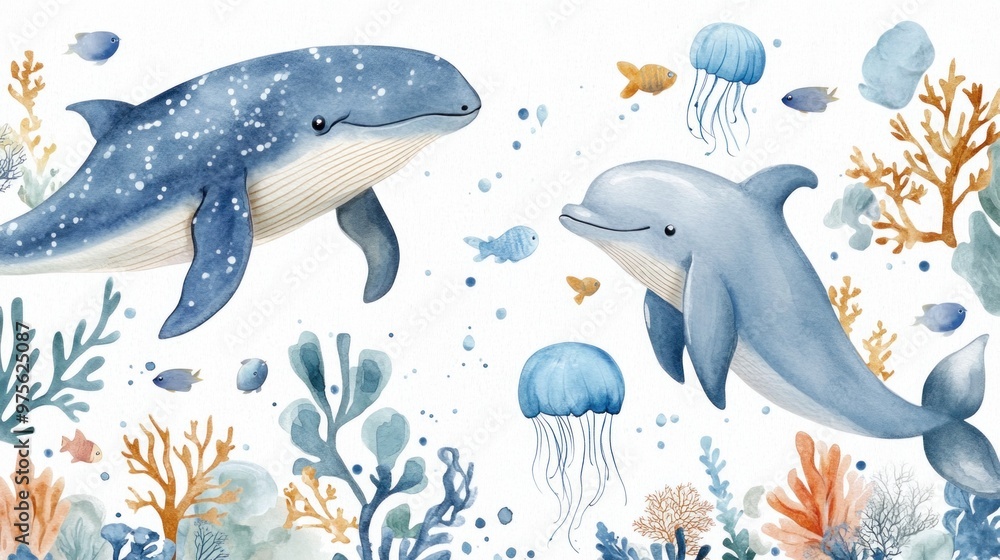 Adorable birthday and baby shower invitation with under-the-sea theme featuring watercolor marine life. Adorable birthday and baby shower invitation with under-the-sea theme featuring watercolor marine life.