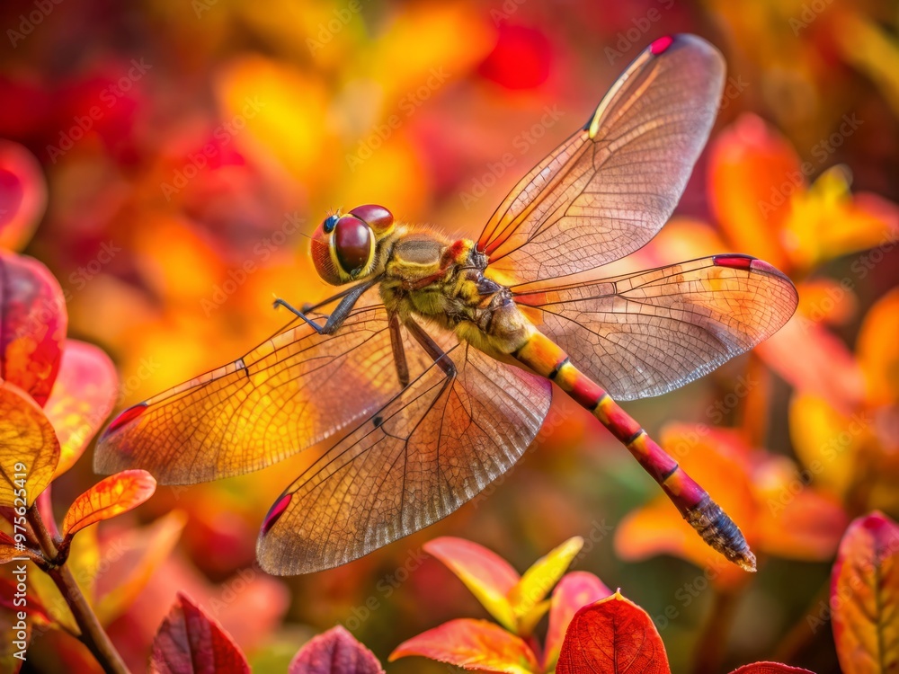 Golden-hued wildflowers sway in the autumn breeze beneath the delicate wings of a meadowhawk dragonfly, amidst a carpet of crimson leaves. Golden-hued wildflowers sway in the autumn breeze beneath the delicate wings of a meadowhawk dragonfly, amidst a carpet of crimson leaves.