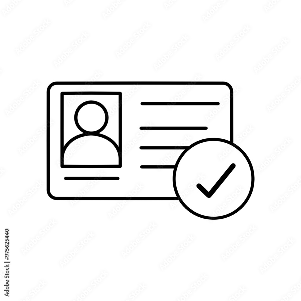 Identity verified flat icon. Identity card with check mark. Personality approval. Employee badge. Thin line illustration. Contour symbol. Vector line drawing. Editable stroke Identity verified flat icon. Identity card with check mark. Personality approval. Employee badge. Thin line illustration. Contour symbol. Vector line drawing. Editable stroke