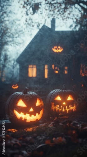 Wallpaper Mural Terrifying Jack-o-lantern faces in the dark, ghostly figures, eerie horror Halloween scene. Torontodigital.ca
