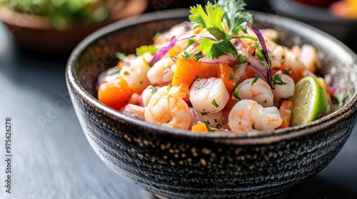 Closeup of Shrimp Ceviche with Lime and Cilantro in a Black Bowl