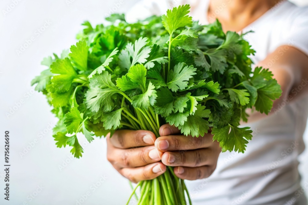 Freshly Picked Cilantro Bunch Held in Hand Against White Background Freshly Picked Cilantro Bunch Held in Hand Against White Background