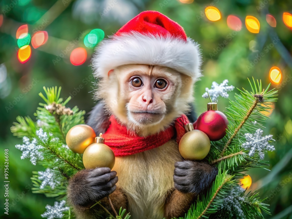 Adorable capuchin monkey dressed in festive red Santa hat and green scarf, holding decorated Christmas tree branch with colorful ornaments and lights, amidst lush greenery. Adorable capuchin monkey dressed in festive red Santa hat and green scarf, holding decorated Christmas tree branch with colorful ornaments and lights, amidst lush greenery.