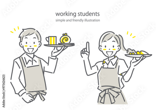 カフェで楽しくアルバイトをする若者　シンプルでお洒落な線画イラスト
