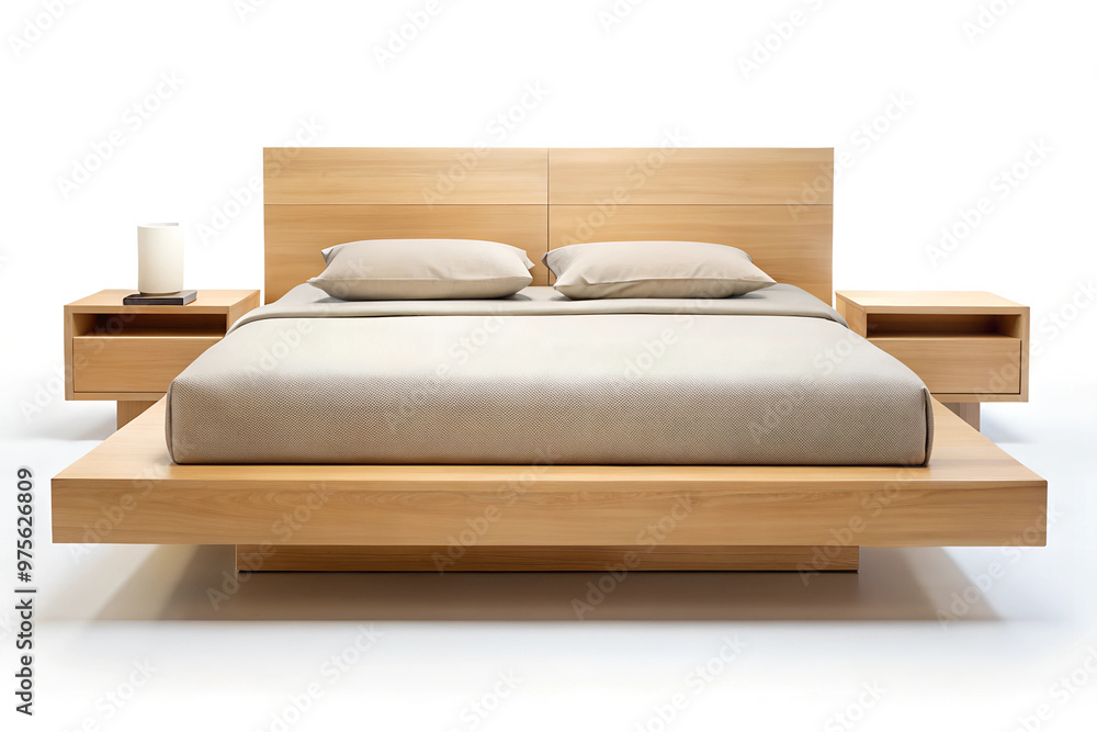 Modern maple wooden bed with neutral bedding and nightstands, isolated on a transparent or white background. Modern maple wooden bed with neutral bedding and nightstands, isolated on a transparent or white background.