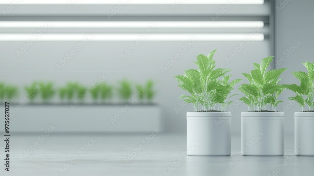 A modern indoor plant display with vibrant green leaves in white pots, illuminated by sleek overhead lighting in a minimalistic environment. A modern indoor plant display with vibrant green leaves in white pots, illuminated by sleek overhead lighting in a minimalistic environment.