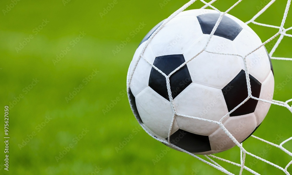 Obraz premium occer Ball in Net on Green Field - Goal Success Sports Background