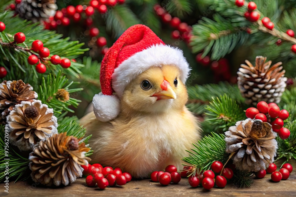 Adorable chicken dressed in festive red Santa hat and scarf, surrounded by holly leaves and pinecones, peeking out from under a decorated Christmas tree branch. Adorable chicken dressed in festive red Santa hat and scarf, surrounded by holly leaves and pinecones, peeking out from under a decorated Christmas tree branch.