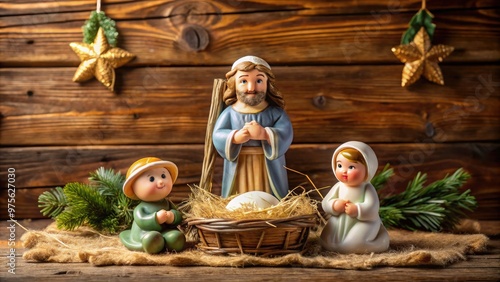 Adorable ceramic figurines of Mary, Joseph, and baby Jesus surrounded by rustic wooden manger, hay, and festive holly, evoking warmth and serenity on a winter evening. photo