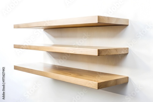 Minimalist maple wooden shelves in three tiers, isolated on a transparent or white background. photo