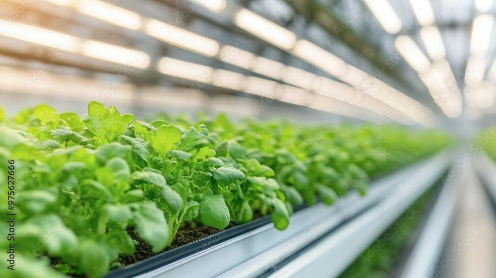 Lush green plants grow in rows inside a greenhouse, basking in bright, artificial light that promotes healthy growth. Lush green plants grow in rows inside a greenhouse, basking in bright, artificial light that promotes healthy growth.