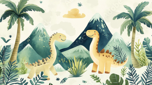 Fototapeta Naklejka Na Ścianę i Meble -  Whimsical hand-painted dinosaur pattern with tropical palm trees and jungle leaves, ideal for wallpaper and scrapbooking with a fun dino theme.