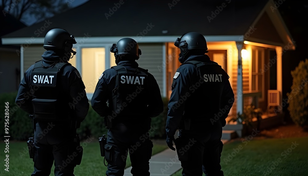 Swat team officers standing in front of a house at night Swat team officers standing in front of a house at night
