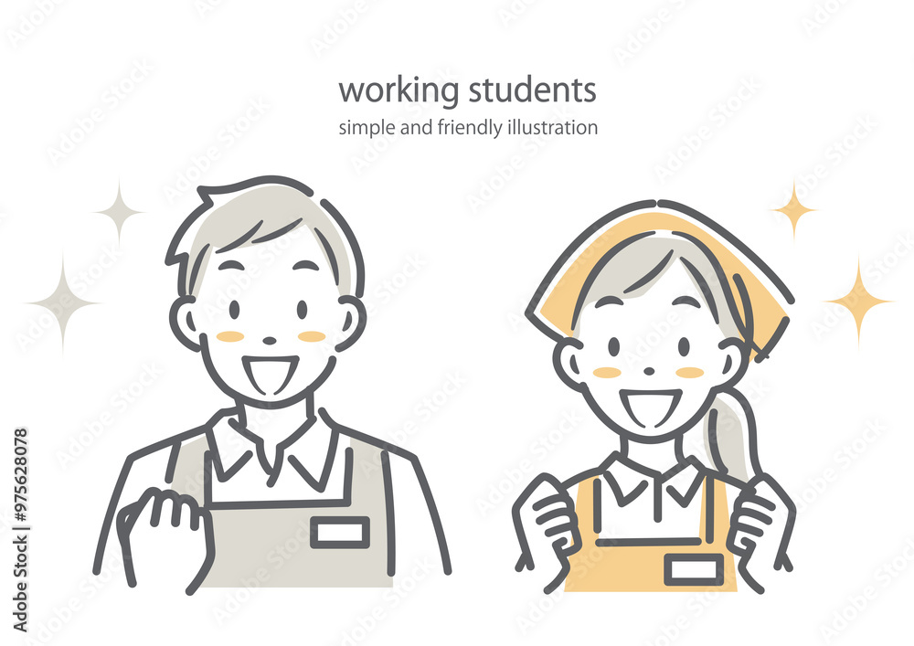 お店で楽しくアルバイトをする若者　シンプルでお洒落な線画イラスト