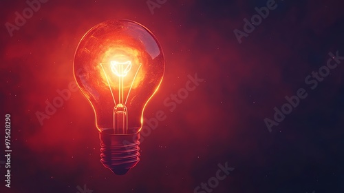 A bright incandescent light bulb glows with a fiery orange light against a red and dark background.