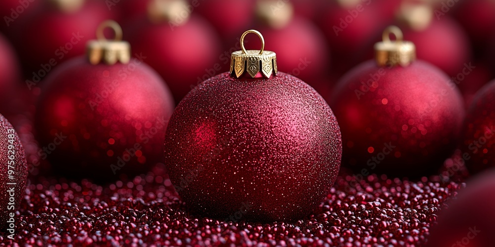 Close-up of a glittering red Christmas ornament among festive decor. Close-up of a glittering red Christmas ornament among festive decor.