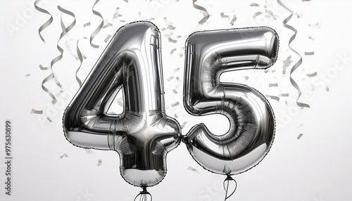 Silver birthday / anniversary balloon, number 45, white background with confetti photo