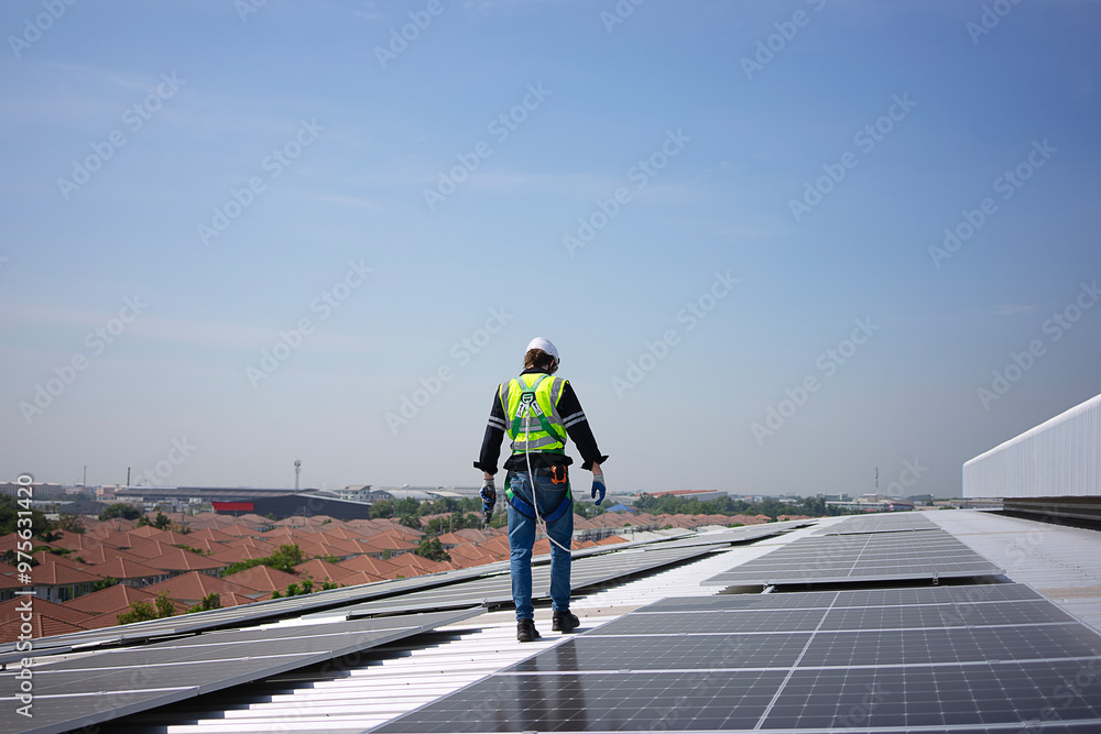 custom made wallpaper toronto digitalBlue collar worker is inspecting solar panel at rooftop of factory.