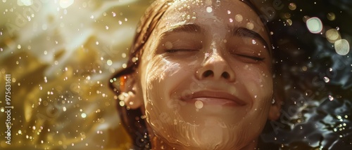 A child’s radiant smile shines through water droplets as they enjoy a playful moment in the refreshing summer sunlight.