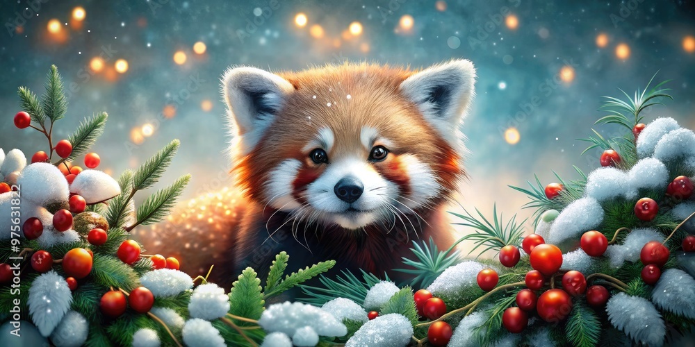 Adorable red panda cuddles up amidst snow-covered evergreen branches, festive holly, and twinkling fairy lights, exuding warmth and holiday cheer in a serene winter wonderland scene. Adorable red panda cuddles up amidst snow-covered evergreen branches, festive holly, and twinkling fairy lights, exuding warmth and holiday cheer in a serene winter wonderland scene.