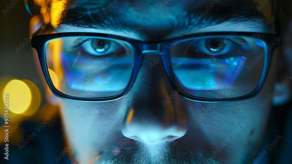 Intense concentration of a programmer's face lit by monitor light reflecting a passionate dedication to coding and the challenges faced in the innovative tech industry during late night sessions Intense concentration of a programmer's face lit by monitor light reflecting a passionate dedication to coding and the challenges faced in the innovative tech industry during late night sessions