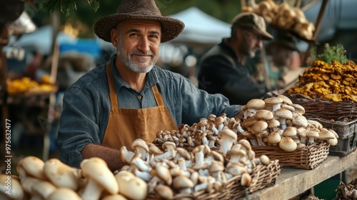 Farmers' market with mushrooms in various containers