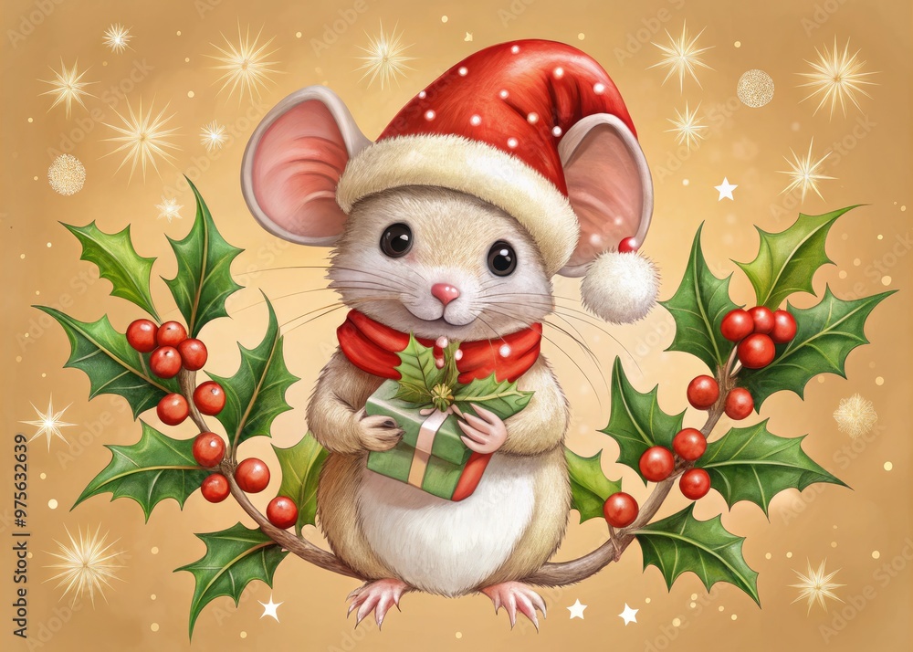 Adorable whimsical illustration of a tiny mouse wearing Santa hat and holding tiny gifts, surrounded by festive holly and mistletoe, on a warm beige background. Adorable whimsical illustration of a tiny mouse wearing Santa hat and holding tiny gifts, surrounded by festive holly and mistletoe, on a warm beige background.