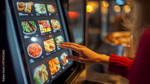 A customer's hand touches a touch screen to order food and pay electronically