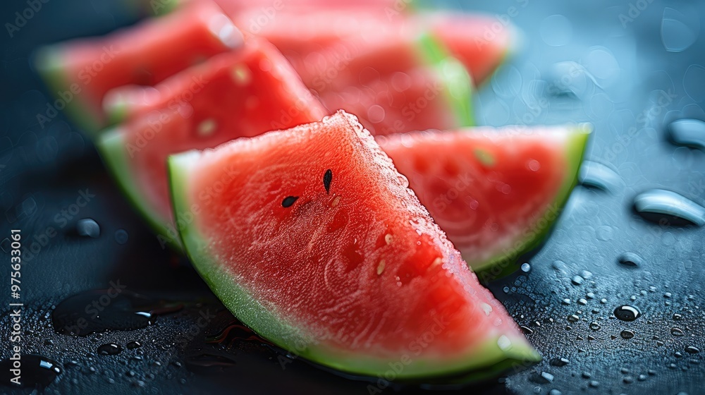 Juicy watermelon slices with vibrant red colors on a dark background. Generative AI. Juicy watermelon slices with vibrant red colors on a dark background. Generative AI.